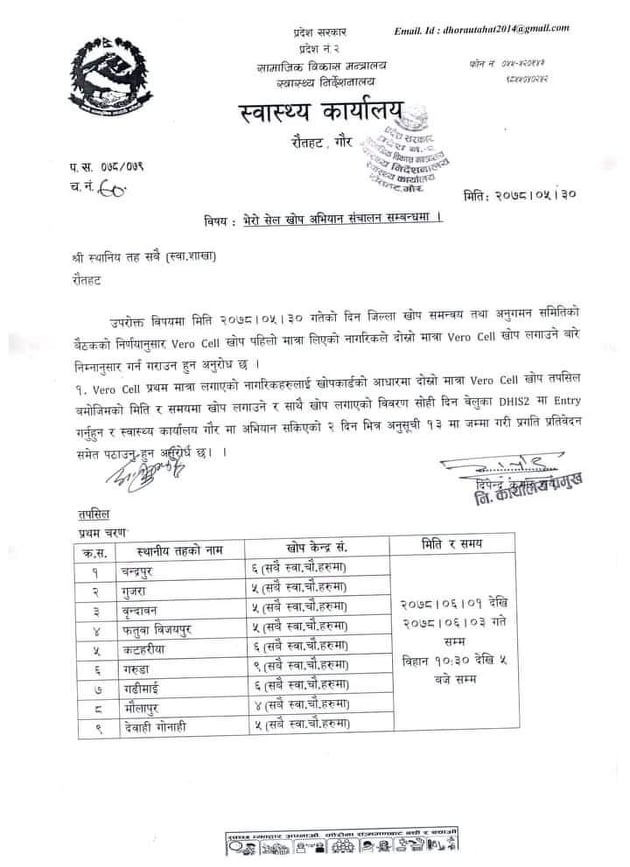 रौतहटमा असोज १ गतेबाट कोरोना विरुद्ध दोस्रो डोज भेरोसेल खोप लगाइने